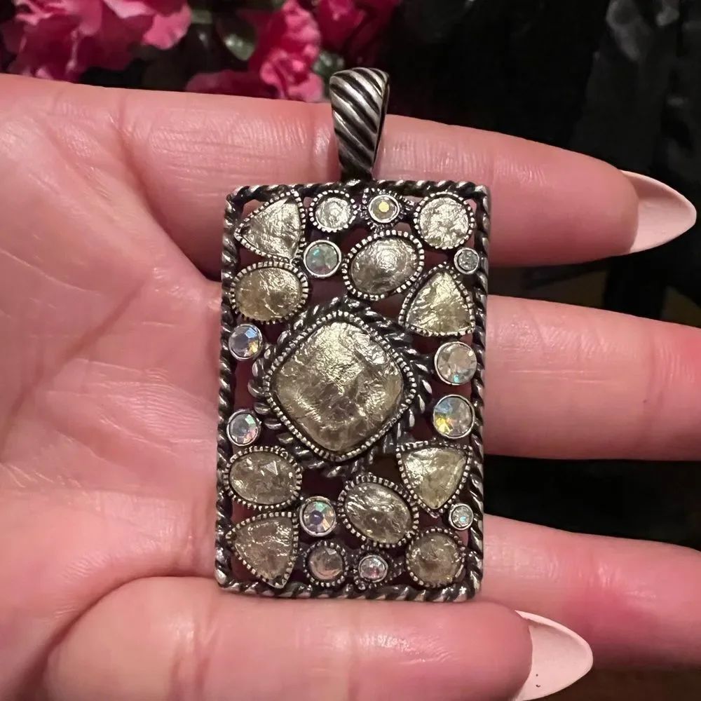 Vintage rectangle brass with rhinestone and crystal pendant by Lia Sophia